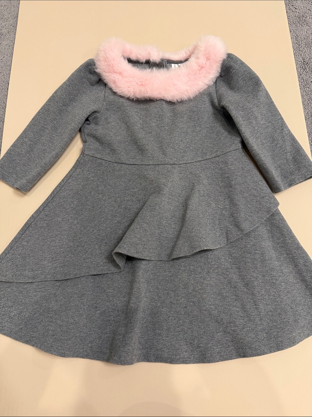 Janie and Jack Gray Knit Dress with Pink Faux-Fur Collar
